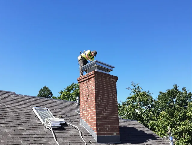 North Castle Chimney Sweep technician measuring a chimney cap in North Castle, NY