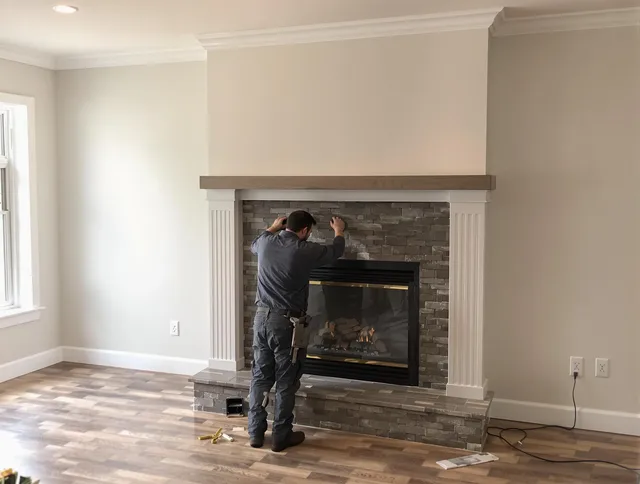 North Castle Chimney Sweep finishing a custom fireplace install in North Castle, NY
